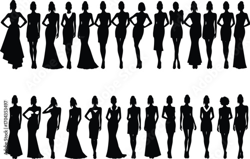 Elegant women silhouette collection, fashion model vector set, stylish female poses clipart, trendy dress design, runway illustration for fashion design