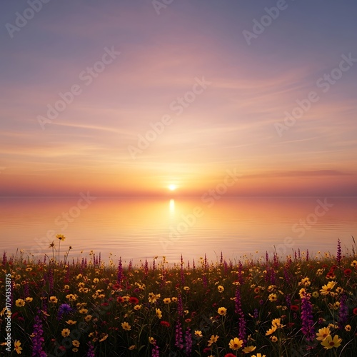 A breathtaking sunset over a tranquil lake, with wildflowers filling the foreground, showcasing a vibrant display of color and serenity.