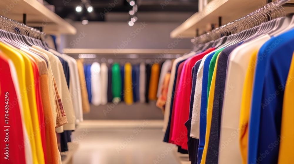 Obraz premium Colorful clothes on hangers in retail store