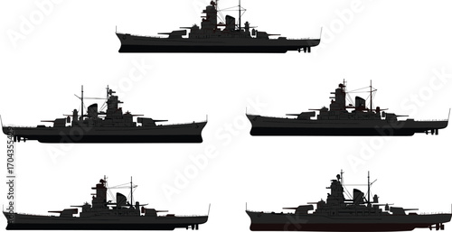 World War battleship silhouettes collection, naval warships, historic military vessels, fleet navy ships, isolated vector illustration, maritime defense, sea warfare, vintage warship art