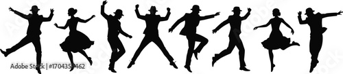 Silhouette dancers performing energetic jazz and swing dance moves, vintage couple choreography, retro dance party, jump action, isolated on white background