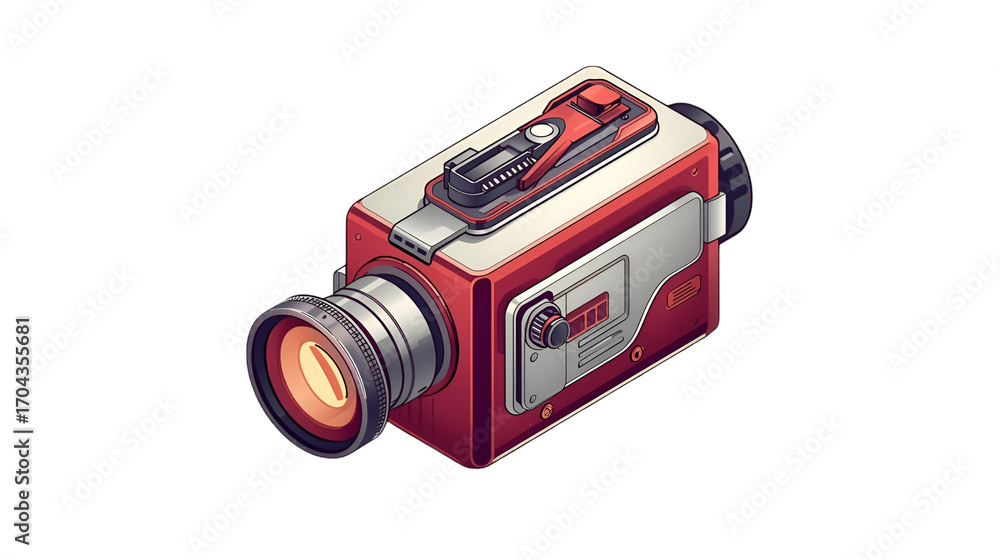 Fototapeta premium Retro red vintage film camera with a glowing lens and intricate details on a white background