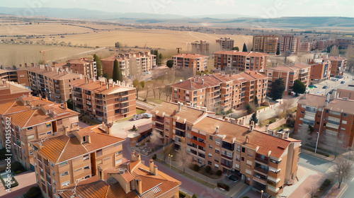 Stock aerial image of an urban city neighborhood with residential buildings, streets and rooftops, created as a resource for real estate, housing and architecture projects. Not a specific locations