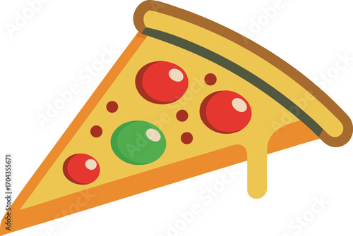 Vector art of a delicious slice of pizza with melted cheese and toppings, isolated on a