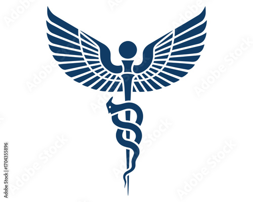 Classic blue Caduceus icon, a symbolic representation of the medical and healthcare industry with its iconic winged staff and snakes