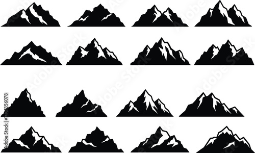 Mountain silhouette set, rugged mountain peaks, nature landscape icons, alpine range illustrations, outdoor adventure, hiking, travel, scenic views, rocky mountains, wilderness icons