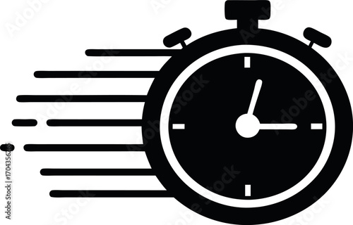 Vector art of black stopwatch icon with motion lines, symbolizing speed, time, and quickness in a minimalist design