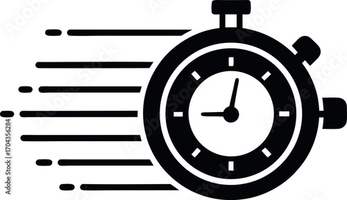 Vector art of black stopwatch icon with motion lines, symbolizing speed, time, and quickness in a minimalist design