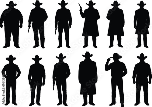 Cowboy silhouette set, western outlaw figures, gunslinger poses, wild west characters, cowboy hats, revolvers, vintage western style, rugged men, old west theme, western adventure