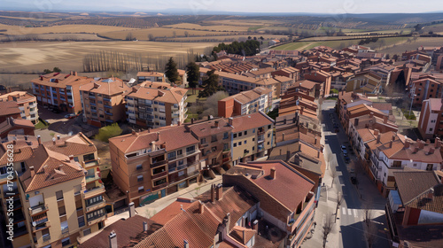 Stock aerial image of an urban city neighborhood with residential buildings, streets and rooftops, created as a resource for real estate, housing and architecture projects. Not a specific locations