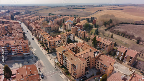Stock aerial image of an urban city neighborhood with residential buildings, streets and rooftops, created as a resource for real estate, housing and architecture projects. Not a specific locations