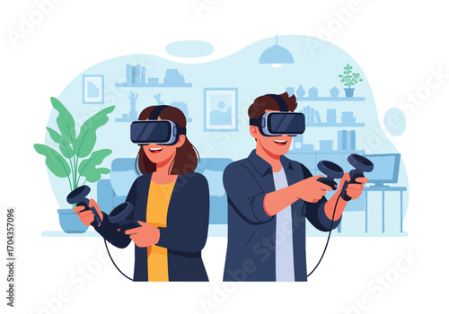Flat vector illustration of two friends playing with virtual reality headsets at home, enjoying immersive gaming and interactive entertainment in a cozy living room environment