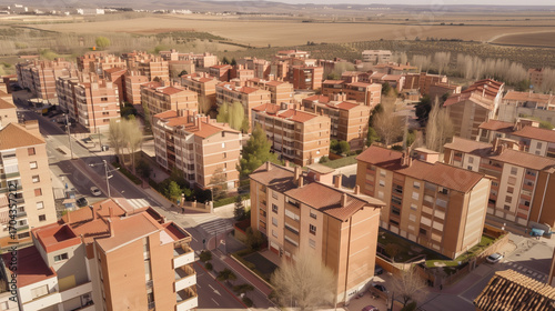 Stock aerial image of an urban city neighborhood with residential buildings, streets and rooftops, created as a resource for real estate, housing and architecture projects. Not a specific locations
