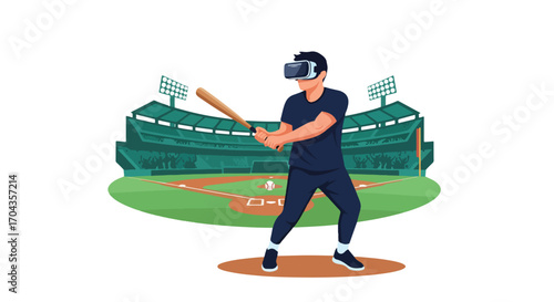 Flat vector illustration of a player using a virtual reality headset to play baseball in a stadium, combining sports, fitness, and immersive gaming for a modern athletic experience