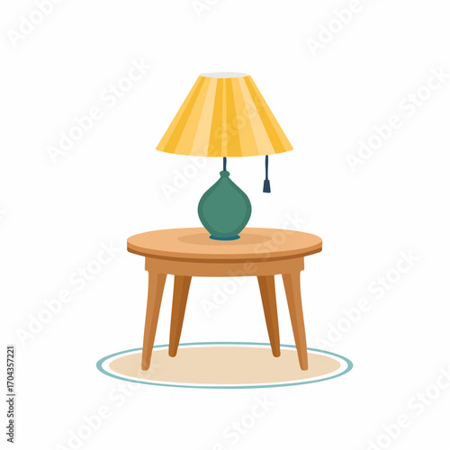 Kleiner Beistelltisch aus Holz mit runder Platte, dekoriert mit einer Tischlampe.