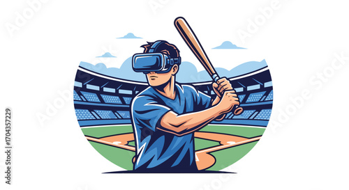 Flat vector illustration of a player using a virtual reality headset to play baseball in a stadium, combining sports, fitness, and immersive gaming for a modern athletic experience