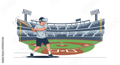 Flat vector illustration of a player using a virtual reality headset to play baseball in a stadium, combining sports, fitness, and immersive gaming for a modern athletic experience