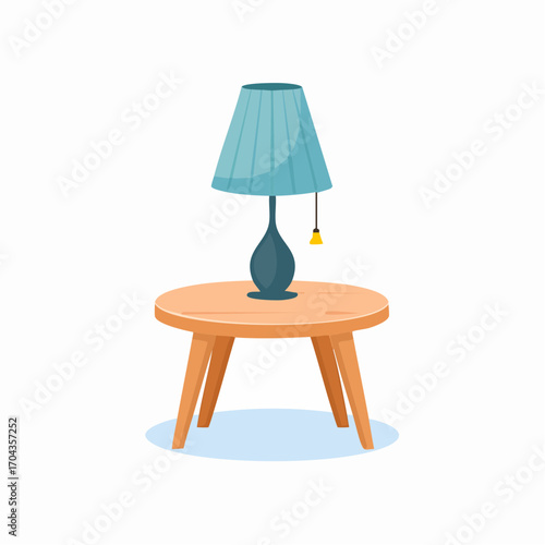 Kleiner Beistelltisch aus Holz mit runder Platte, dekoriert mit einer Tischlampe.