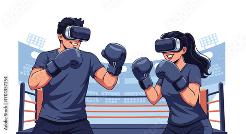 Flat vector illustration of two players boxing with virtual reality headsets in a digital arena, combining sports, fitness, and immersive gaming for a modern competitive experience