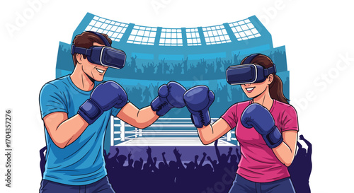 Flat vector illustration of two players boxing with virtual reality headsets in a digital arena, combining sports, fitness, and immersive gaming for a modern competitive experience