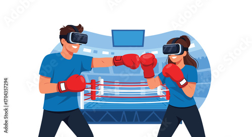 Flat vector illustration of two players boxing with virtual reality headsets in a digital arena, combining sports, fitness, and immersive gaming for a modern competitive experience