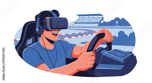 Flat vector illustration of a man using a virtual reality headset with a racing simulator, driving on a digital track for an immersive gaming and motorsport experience