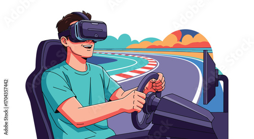 Flat vector illustration of a man using a virtual reality headset with a racing simulator, driving on a digital track for an immersive gaming and motorsport experience