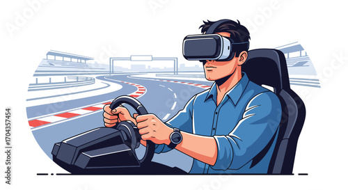 Flat vector illustration of a man using a virtual reality headset with a racing simulator, driving on a digital track for an immersive gaming and motorsport experience