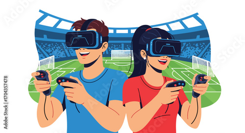Flat vector illustration of two players using virtual reality headsets to play soccer in a stadium, blending sports, gaming, and immersive digital technology for fun and competition