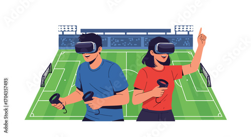 Flat vector illustration of two players using virtual reality headsets to play soccer in a stadium, blending sports, gaming, and immersive digital technology for fun and competition