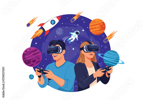 Flat vector illustration of two people exploring outer space with virtual reality headsets, featuring planets, rockets, asteroids, and stars for an immersive digital adventure