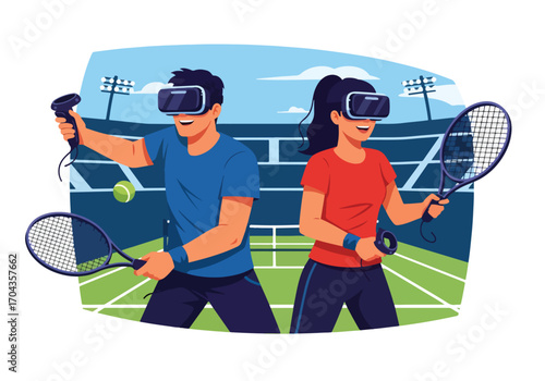 Flat vector illustration of two players using virtual reality headsets to play tennis on a digital court, combining sports, fitness, and immersive gaming technology in a fun experience