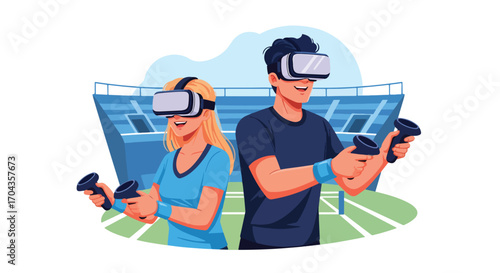 Flat vector illustration of two players using virtual reality headsets to play tennis on a digital court, combining sports, fitness, and immersive gaming technology in a fun experience