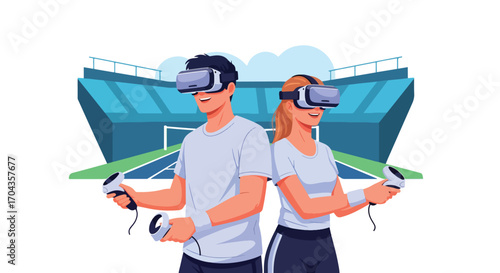 Flat vector illustration of two players using virtual reality headsets to play tennis on a digital court, combining sports, fitness, and immersive gaming technology in a fun experience