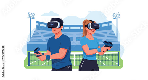 Flat vector illustration of two players using virtual reality headsets to play tennis on a digital court, combining sports, fitness, and immersive gaming technology in a fun experience