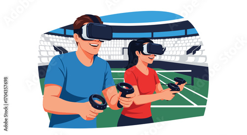 Flat vector illustration of two players using virtual reality headsets to play tennis on a digital court, combining sports, fitness, and immersive gaming technology in a fun experience