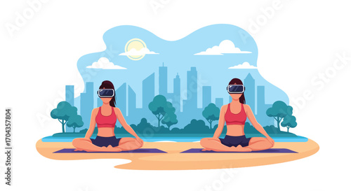 Flat vector illustration of two women doing yoga with virtual reality headsets in a city park, combining fitness, wellness, and modern technology in an outdoor urban setting