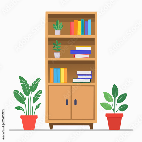 Hohes Bücherregal aus Holz, gefüllt mit bunten Büchern
