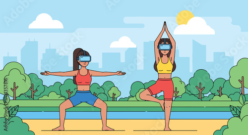 Flat vector illustration of two women doing yoga with virtual reality headsets in a city park, combining fitness, wellness, and modern technology in an outdoor urban setting