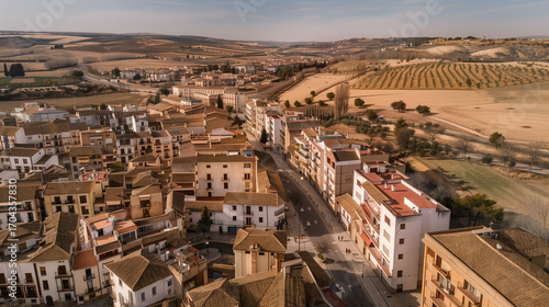 Stock aerial image of an urban city neighborhood with residential buildings, streets and rooftops, created as a resource for real estate, housing and architecture projects. Not a specific locations