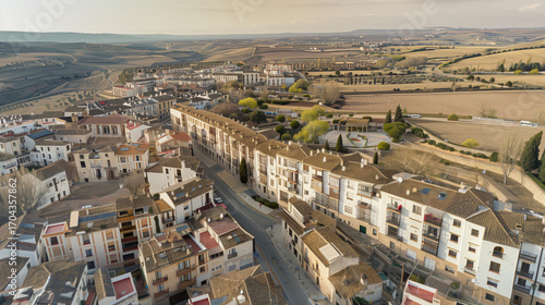Stock aerial image of an urban city neighborhood with residential buildings, streets and rooftops, created as a resource for real estate, housing and architecture projects. Not a specific locations