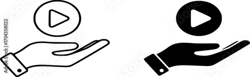 Play Button in Hand Icon Vector. Media Control, Video Playback Symbol. Entertainment, content, stream, creative, outline and glyph vector illustration