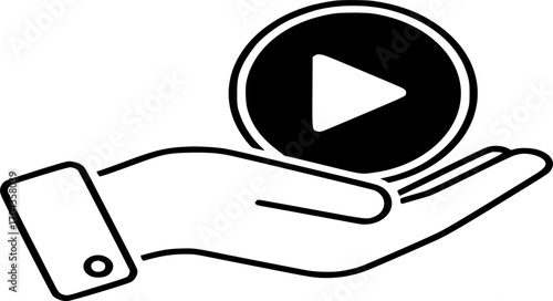 Play Button in Hand Icon Vector. Media Control, Video Playback Symbol. Entertainment, content, stream, creative, outline and glyph vector illustration