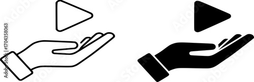 Play Button in Hand Icon Vector. Media Control, Video Playback Symbol. Entertainment, content, stream, creative, outline and glyph vector illustration