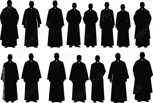 Silhouettes of priests in traditional cassocks, religious clergy standing, black and white vector illustration, faith, spiritual, Christian figures