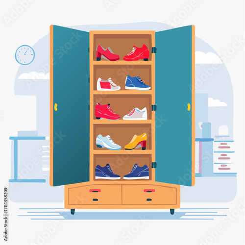 Moderner Schuhschrank mit Klappfächern, platzsparend im Eingangsbereich integriert.