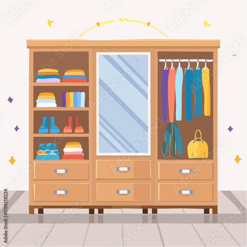 Praktischer Garderobenschrank im Flur mit Spiegel, Kleiderstange und Ablagefächern.