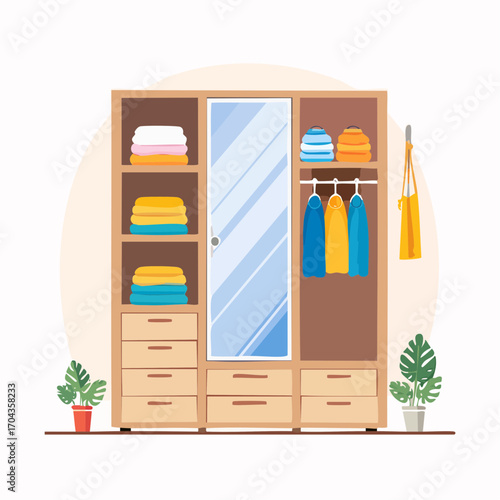 Praktischer Garderobenschrank im Flur mit Spiegel, Kleiderstange und Ablagefächern.