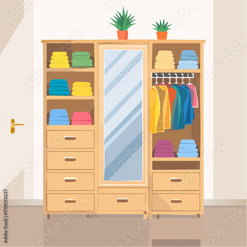 Praktischer Garderobenschrank im Flur mit Spiegel, Kleiderstange und Ablagefächern.