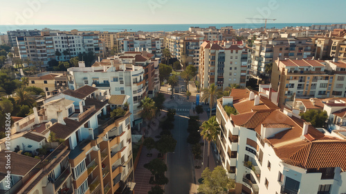 Stock aerial image of an urban city neighborhood with residential buildings, streets and rooftops, created as a resource for real estate, housing and architecture projects. Not a specific locations